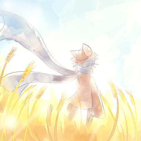 A cutscene from the game Oneshot. Niko is in a brightly lit wheat field, looking away.