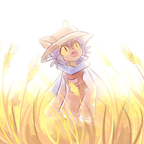 An image of a cutscene from the game OneShot. Niko is in a wheat field and is looking to their left.