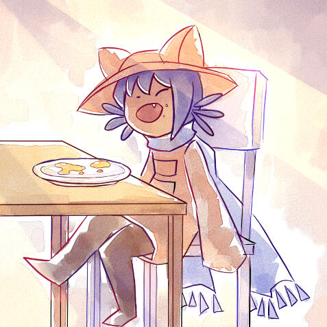 An image of a cutscene from the game OneShot. Niko is sitting in front of a now empty plate of pancakes, smiling.