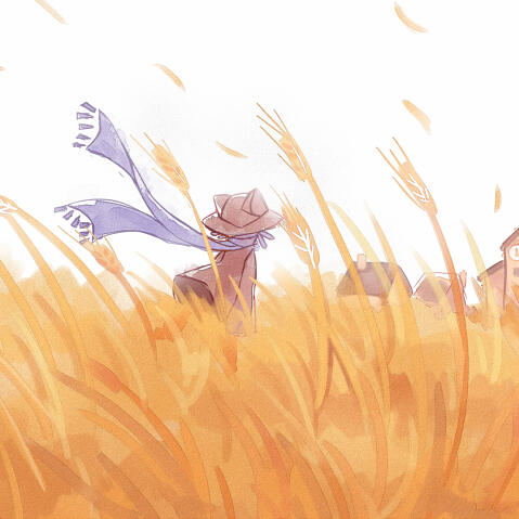 An image of a cutscene from the game OneShot. Niko is in a field of wheat, and is walking away, towards a distant village.