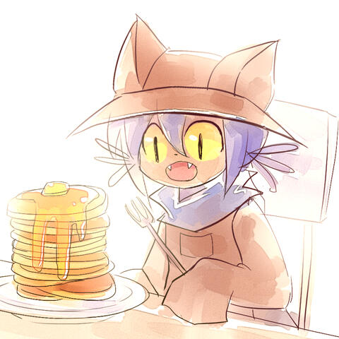 An image of a cutscene from the game OneShot. Niko is happily eating pancakes.